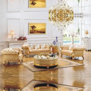 Set Kursi Tamu Sofa Chester Ukir Emas Leather