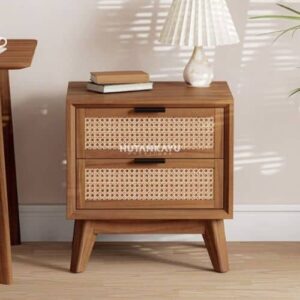 Nakas Arjuna Bedside Meja Samping Ranjang Kayu dan Rotan 2 Laci Nighstand