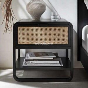 Nakas Essence Bedside Meja Samping Ranjang Kayu dan Rotan 1 Laci Nighstand