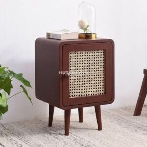 Nakas Herica Bedside Meja Samping Ranjang Kayu dan Rotan 1 Laci Nighstand