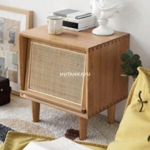 Nakas Jadoel Bedside Meja Samping Ranjang Kayu dan Rotan 1 Laci Nighstand