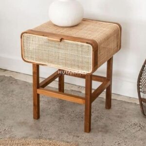 Nakas Kartini Bedside Meja Samping Ranjang Kayu dan Rotan 1 Laci Nighstand