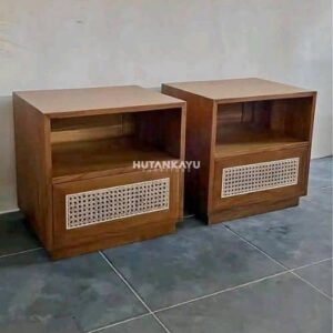 Nakas Luxwood Bedside Meja Samping Ranjang Kayu Jati dan Rotan 1 Laci Nighstand