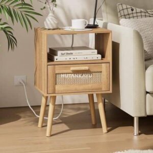 Nakas Majesty Bedside Meja Samping Ranjang Kayu dan Rotan 1 Laci Nighstand