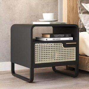 Nakas Maroni Bedside Meja Samping Ranjang Kayu dan Rotan 1 Laci Nighstand