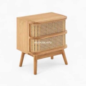 Nakas Nordac Bedside Meja Samping Ranjang Kayu dan Rotan 2 Laci Nighstand
