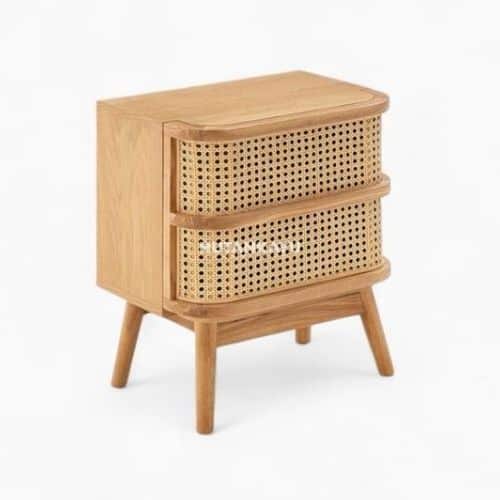Nakas Nordac Bedside Meja Samping Ranjang Kayu dan Rotan 2 Laci Nighstand