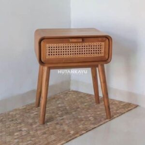 Nakas Nusa Bedside Meja Samping Ranjang Kayu dan Rotan 1 Laci Nighstand