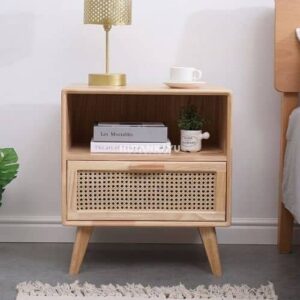 Nakas Rama Bedside Meja Samping Ranjang Kayu dan Rotan 1 Laci Nighstand