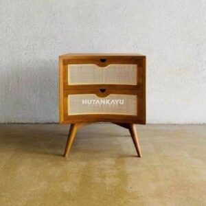 Nakas Retra Bedside Meja Samping Ranjang Kayu dan Rotan 2 Laci Nighstand