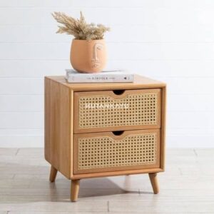 Nakas Shinta Bedside Meja Samping Ranjang Kayu dan Rotan 2 Laci Nighstand