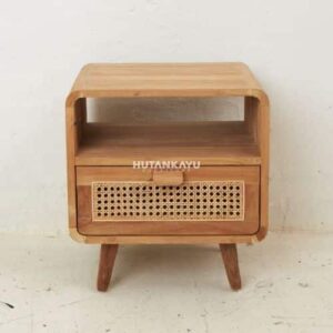 Nakas Stora Bedside Meja Samping Ranjang Kayu dan Rotan 1 Laci Nighstand