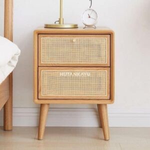 Nakas Sungko Bedside Meja Samping Ranjang Kayu dan Rotan 2 Laci Nighstand