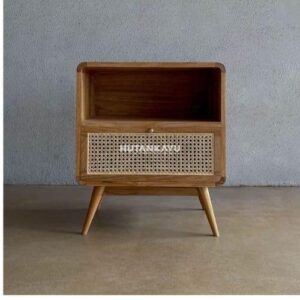 Nakas Tarami Bedside Meja Samping Ranjang Kayu dan Rotan 1 Laci Nighstand