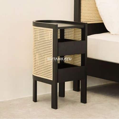 Nakas Velcra Bedside Meja Samping Ranjang Kayu dan Rotan 1 Laci Nighstand