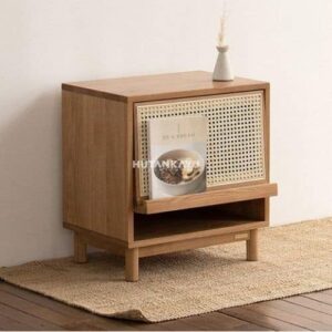Nakas Zen Bedside Meja Samping Ranjang Kayu dan Rotan 1 Laci Nighstand