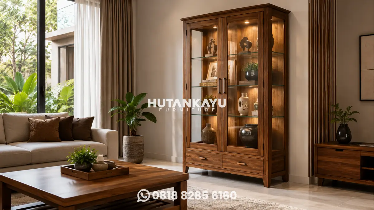 Lemari hias kayu jati di ruang tamu modern