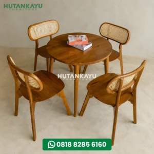 Meja Makan Bulat Kayu Jati Minimalis 4 Kursi Rotan Dining Set Scandinavian Jepara