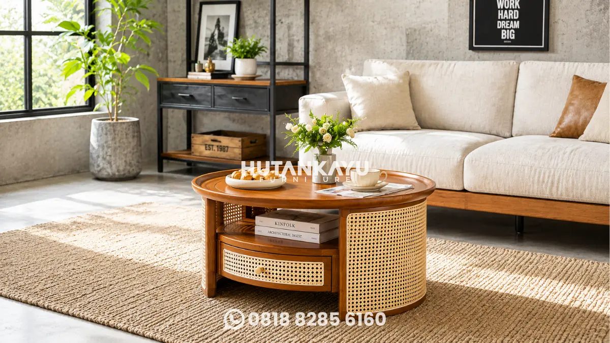 Meja tamu bundar kayu jati minimalis modern