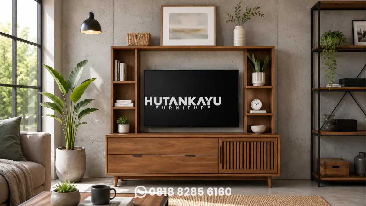 Rak TV Kayu Modern dengan rak display dekoratif