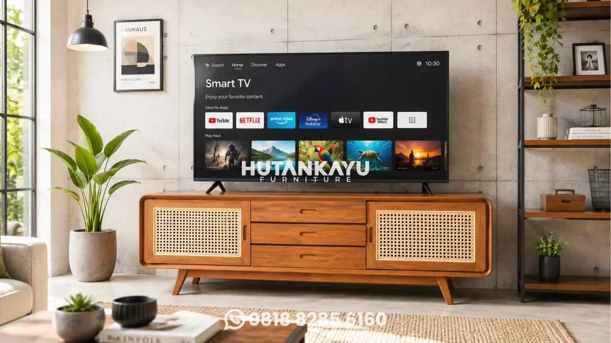 Rak TV Kayu Modern minimalis dari kayu jati untuk ruang keluarga modern